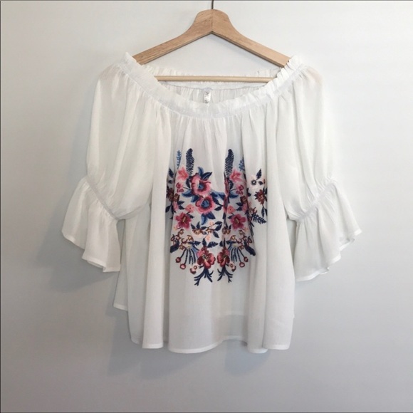 White Off-The-Shoulder Embroidered Peasant Blouse - Picture 2 of 7